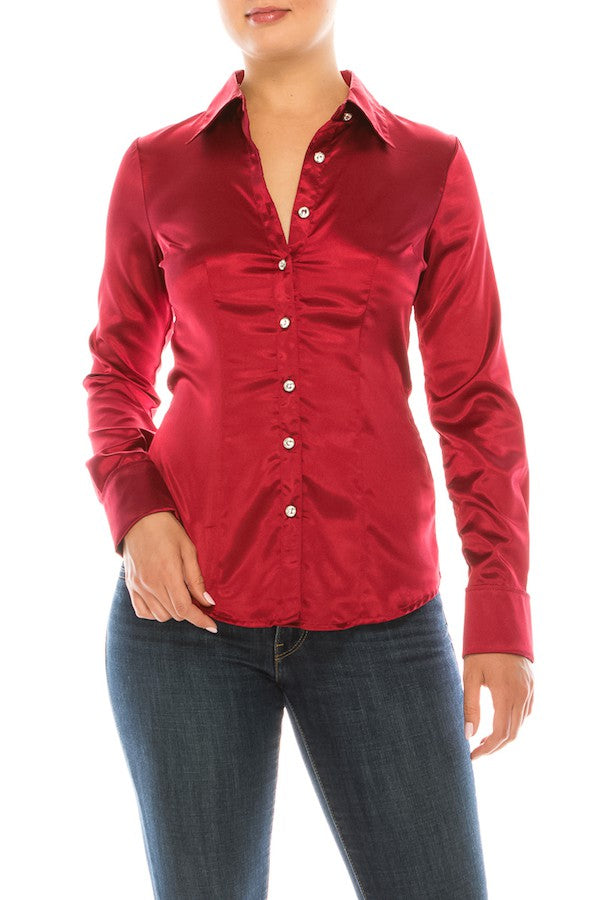 Satin Long Sleeve Rhinestone Button Down