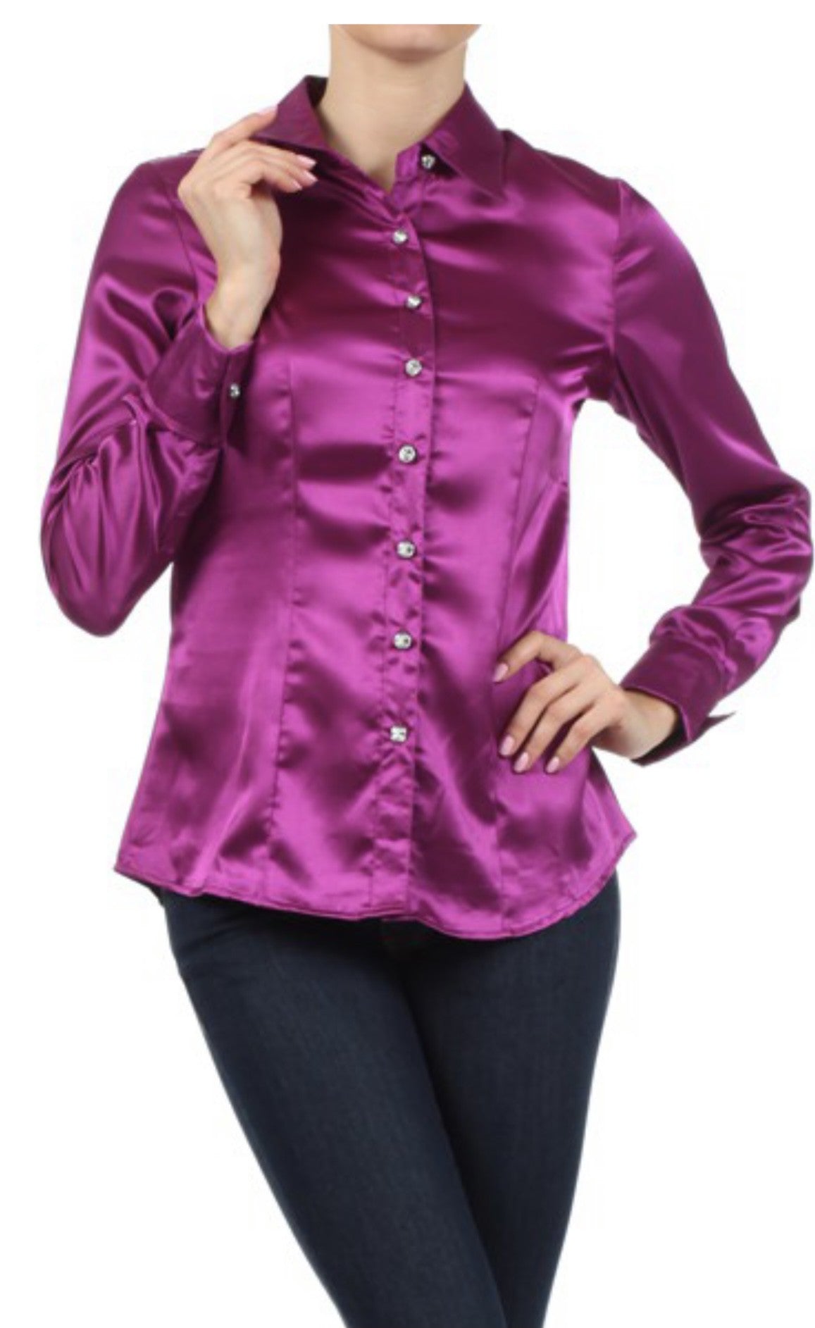 Satin Long Sleeve Rhinestone Button Down