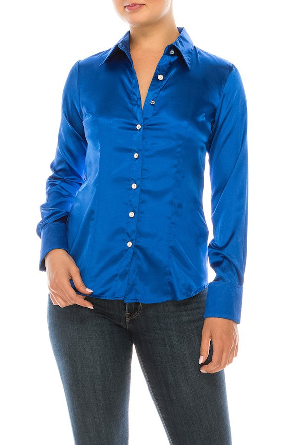 Satin Long Sleeve Rhinestone Button Down