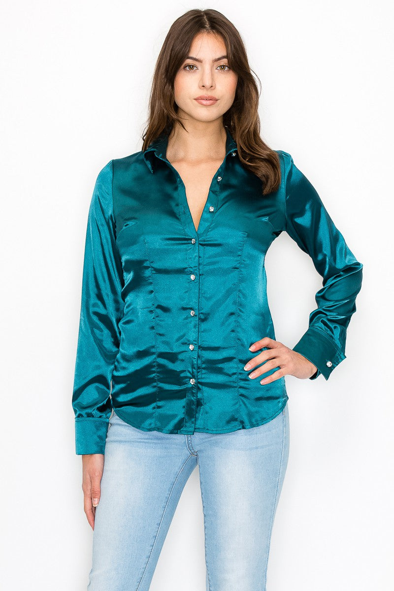 Satin Long Sleeve Rhinestone Button Down