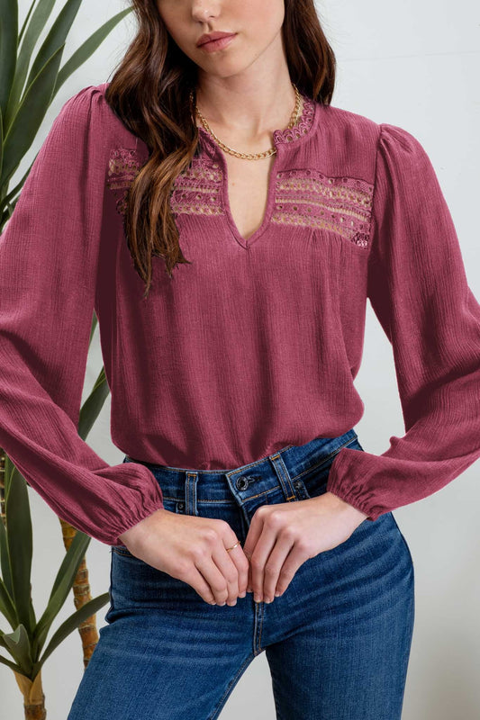 Lace Trim Long Sleeve Knit Top