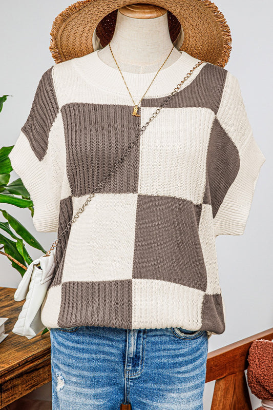 Checkered Crew Neck Short Sleeve Sweater Top