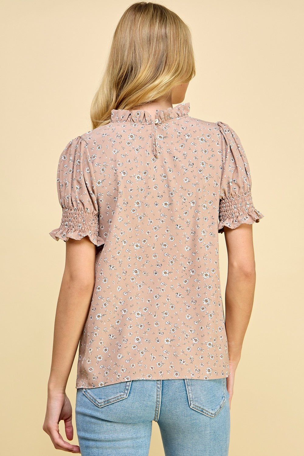 Taupe Floral Puff Short Sleeve Top