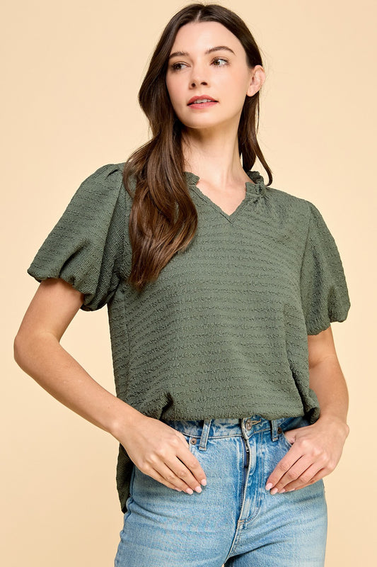 Olive Puff Short Sleeve Top