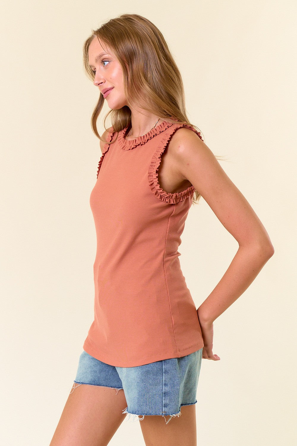 Ribbed Tank with Ruffle Detail