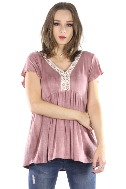 Jersey Short Sleeve Top with Lace Trim