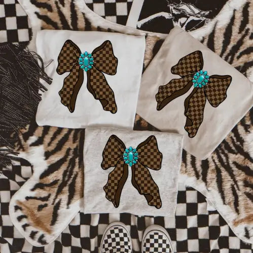 Checkered and Turquoise Bow Western T-shirt