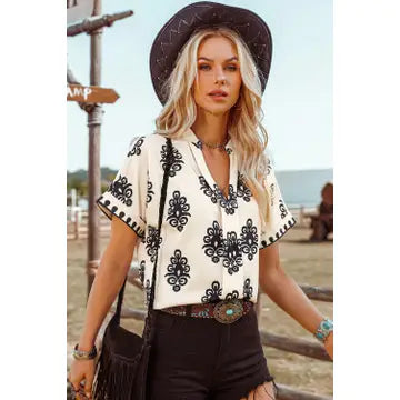 Black & White Boho V-Neck Blouse