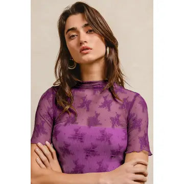 Purple Short Sleeve Lace Top