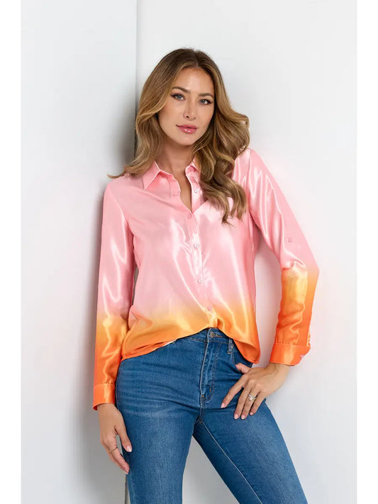 Ombre Satin Button Down Blouse