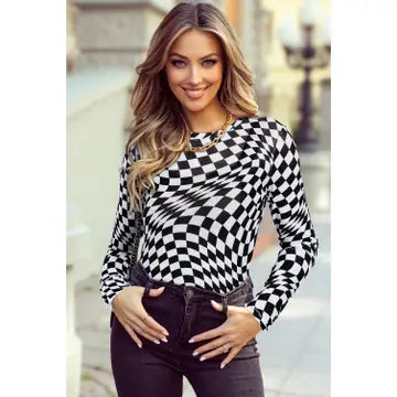 Checkered Pattern Mesh Long Sleeve