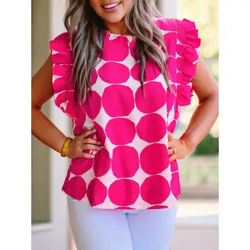 Pink Bubble Pattern Flutter Sleeve Blouse