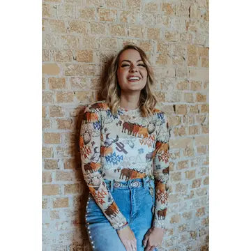 Long Sleeve Aztec Cow Mesh Top