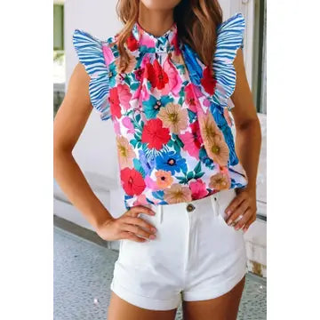 Floral Striped Flutter Sleeve Blouse