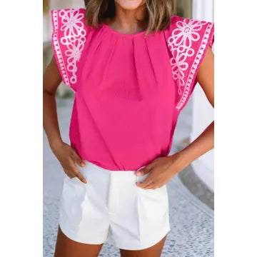 Pink Embroidered Flutter Sleeve Blouse