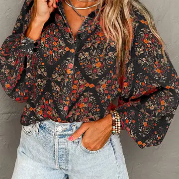 Floral Puff Sleeve Button Down Blouse