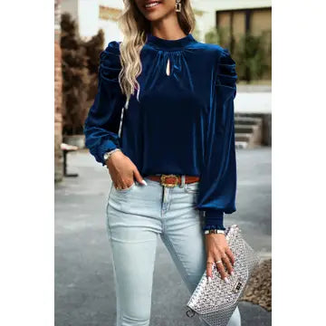 Mock Neck Puff Sleeve Velvet Blouse