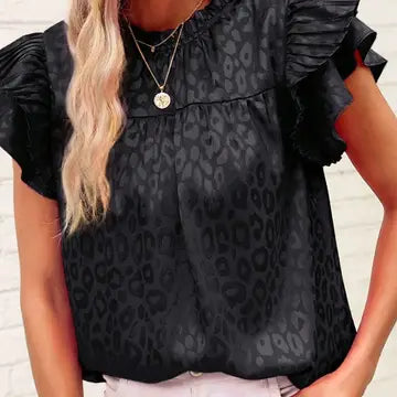 Satin Leopard Print Ruffle Sleeve Blouse