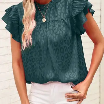 Satin Leopard Print Ruffle Sleeve Blouse