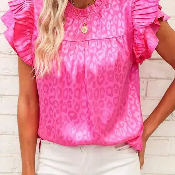 Satin Leopard Print Ruffle Sleeve Blouse