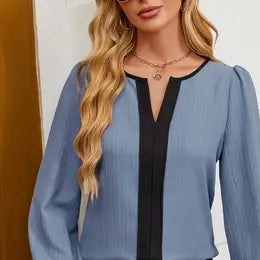 Blue V Neck Textured Blouse