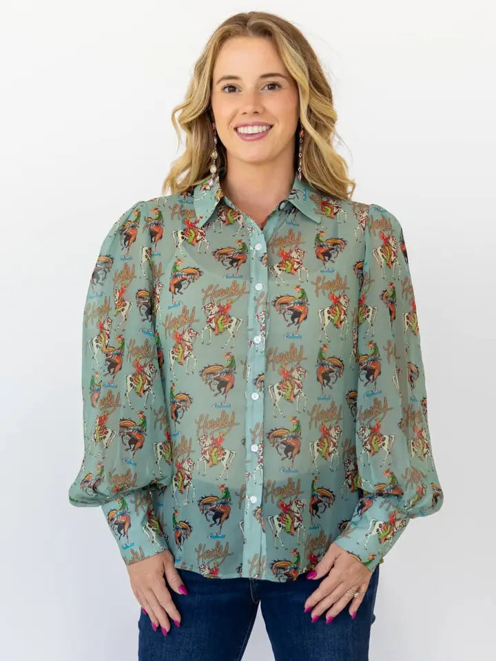 Teal Howdy Button Down Blouse