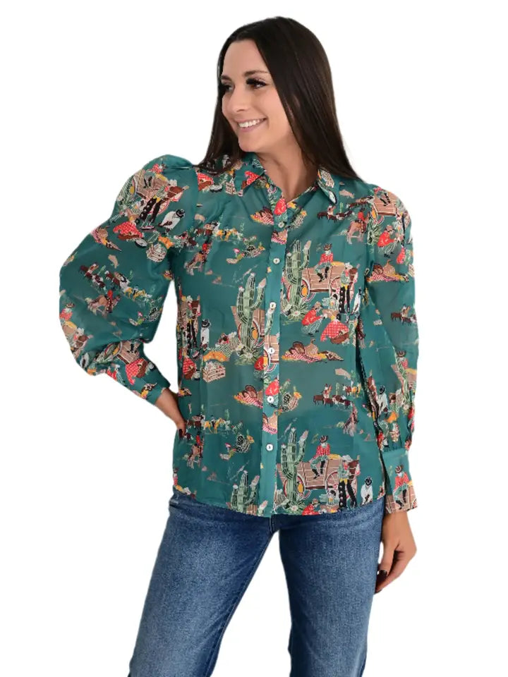 Turquoise Wagon Chiffon Button Down Blouse