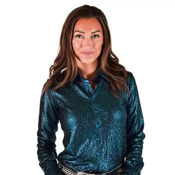 Cowgirl Tuff Teal Shimmer Jersey Pullover Button Up