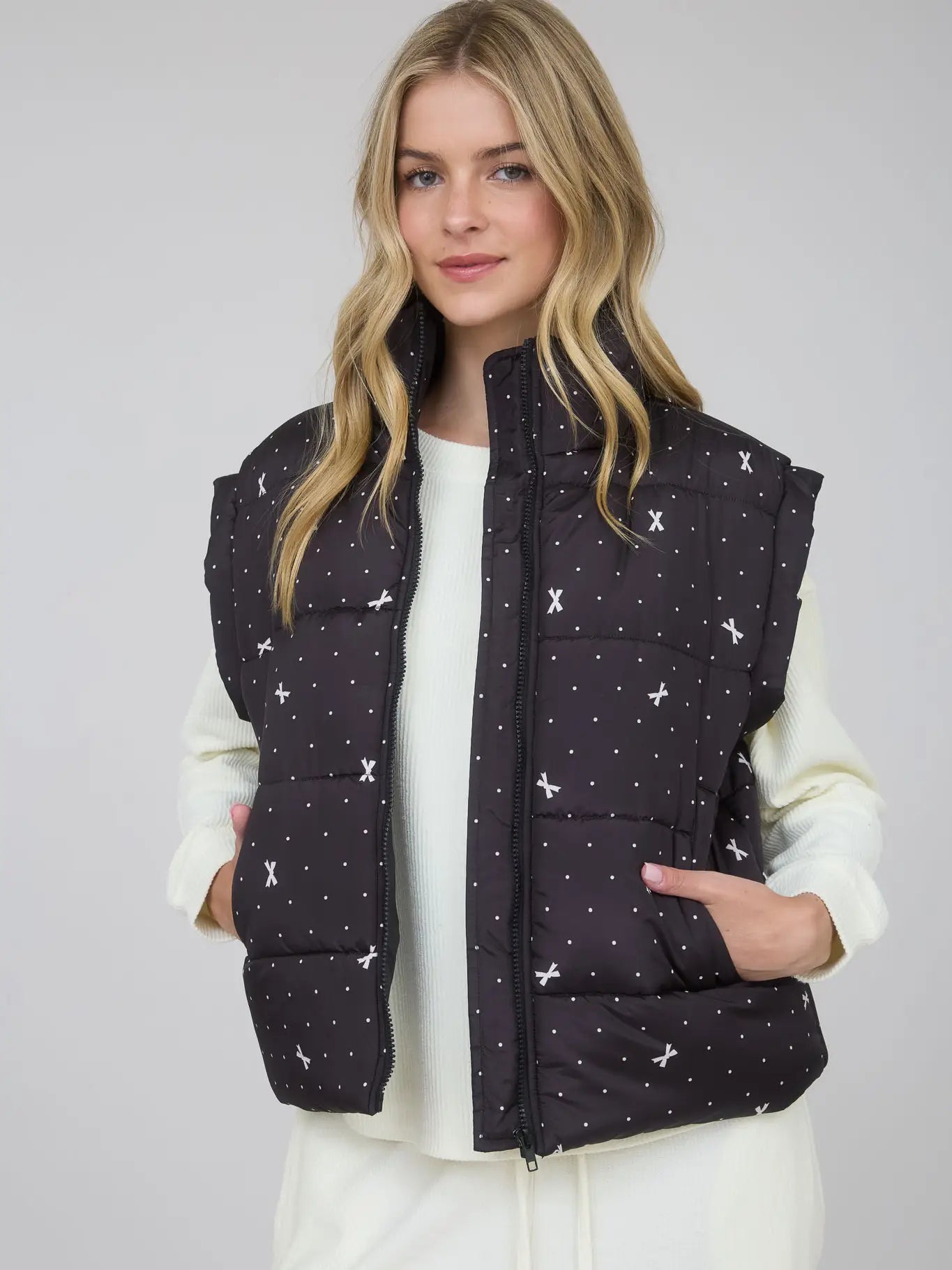 Polka Dot and Bow Zip Up Puffer Vest