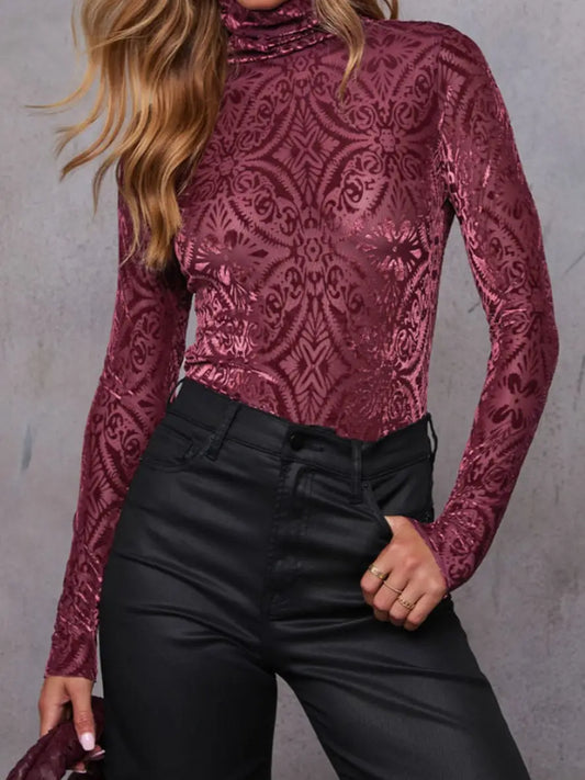 Burgundy Velvet Turtleneck Long Sleeve Top