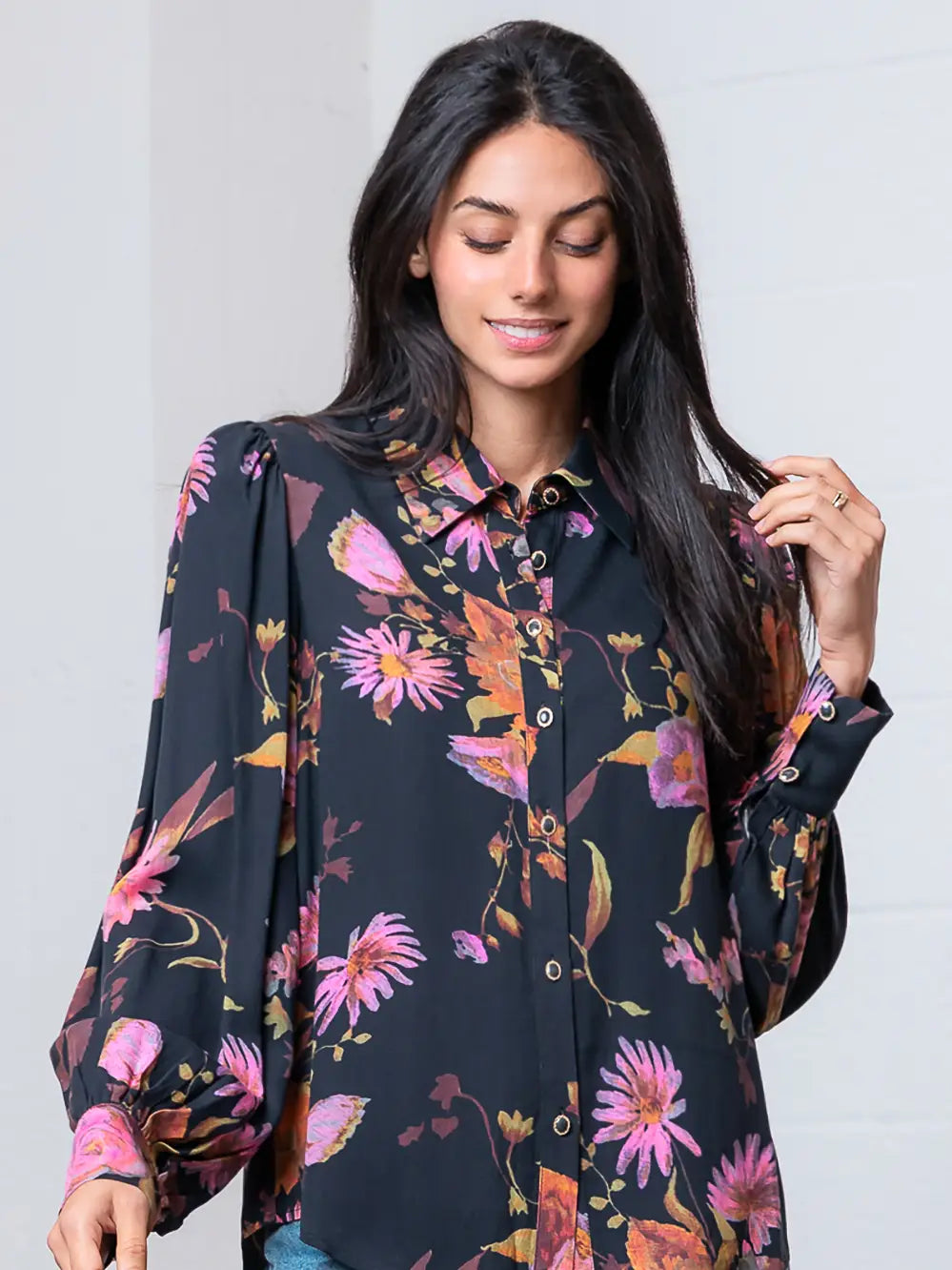 Black Floral Print Button Down Blouse