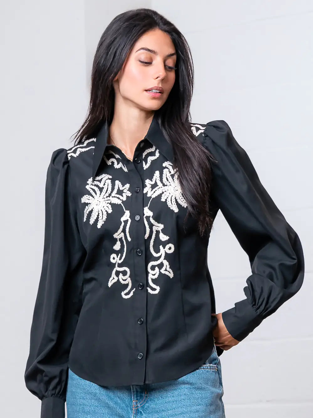 Black and Floral Long Sleeve Button Down Top