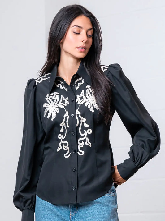 Black and Floral Long Sleeve Button Down Top