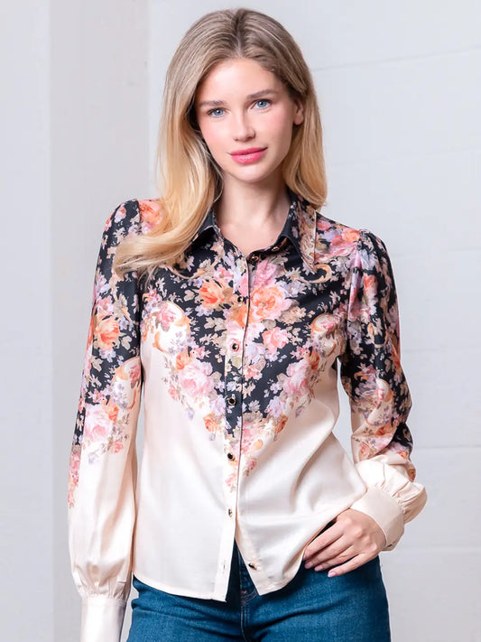 Black and Cream Floral Button Down Blouse