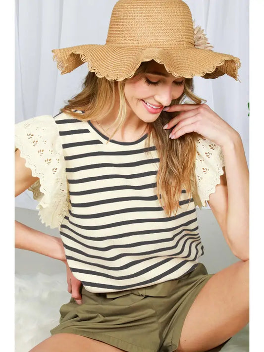 Lace Flutter Sleeve Striped Top