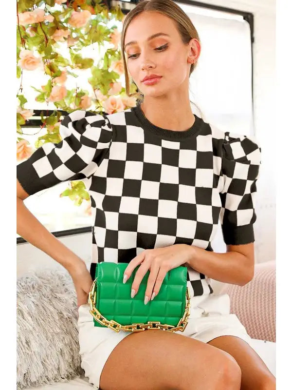 Checkered Crew Neck Puff Sleeve Sweater