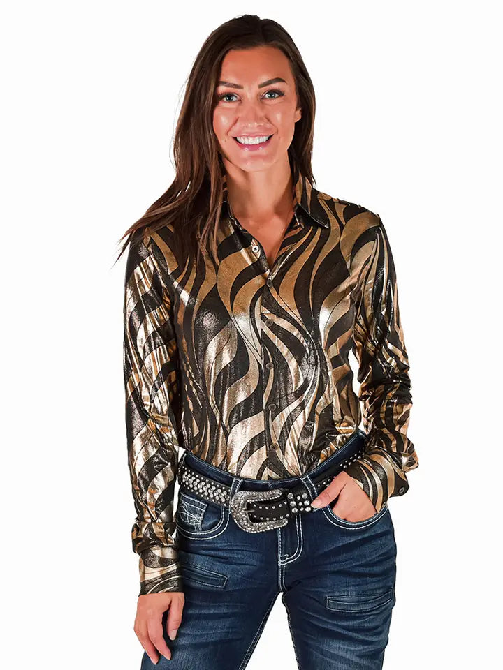 Cowgirl Tuff Gold and Charcoal Abstract Foil Pullover Button Up