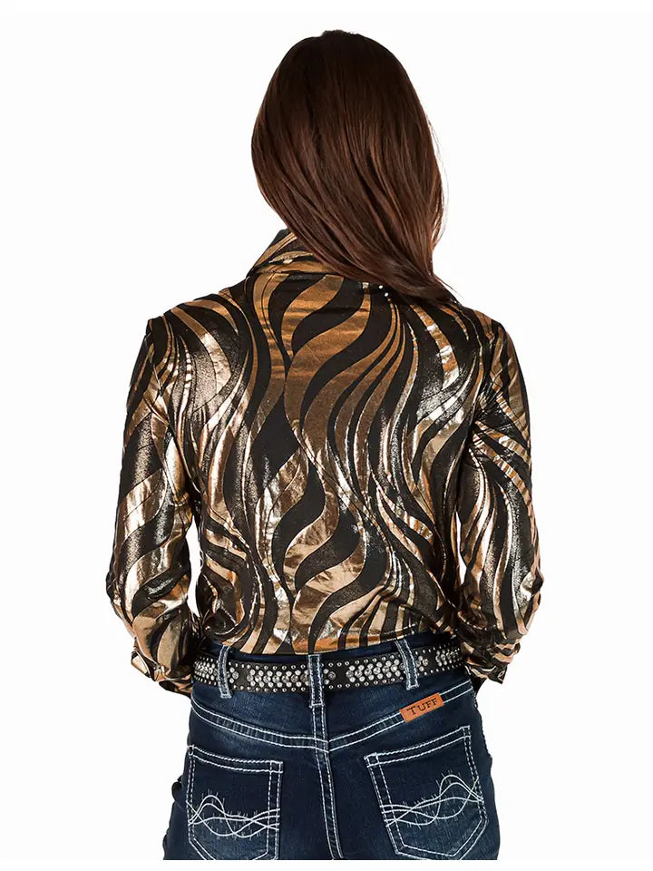 Cowgirl Tuff Gold and Charcoal Abstract Foil Pullover Button Up