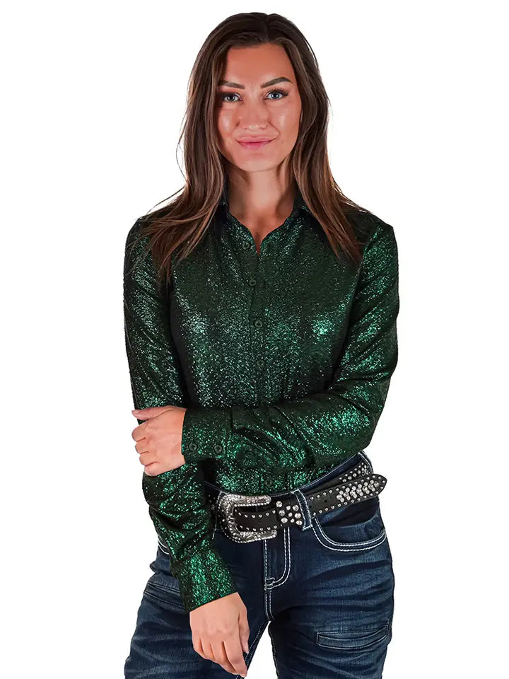 Cowgirl Tuff Lucky Green Shimmer Pullover Button Up