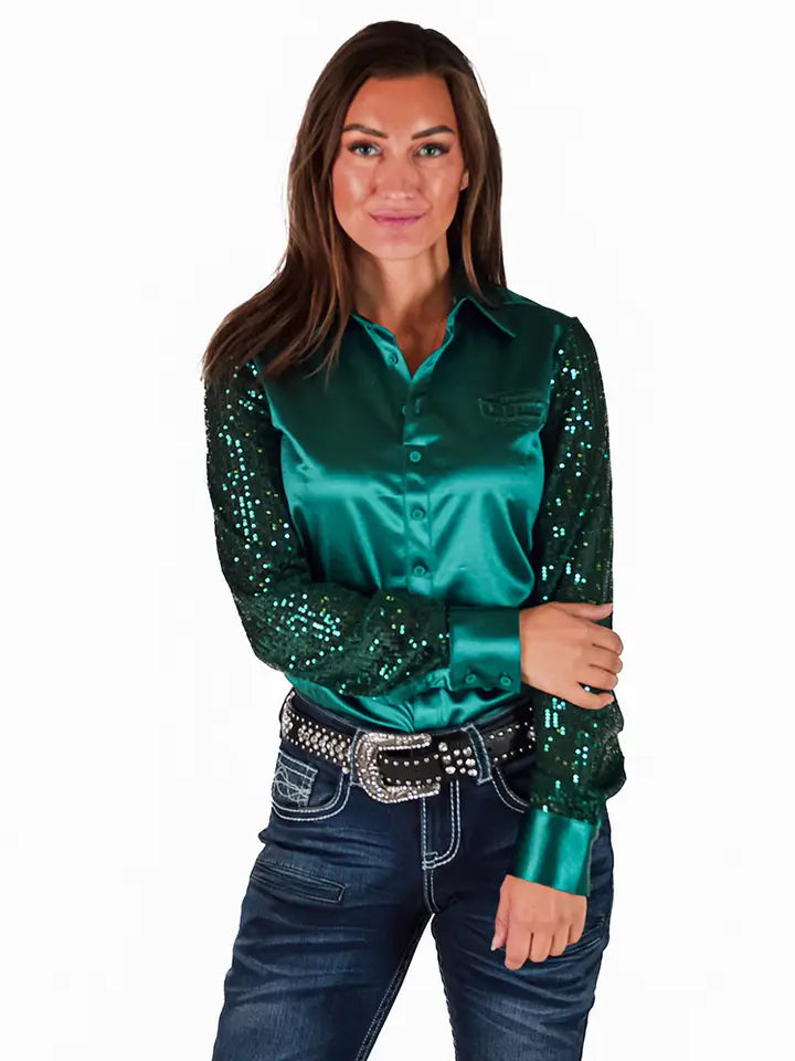 Cowgirl Tuff Turquoise Satin with Sequin Sleeve Pullover Button Up