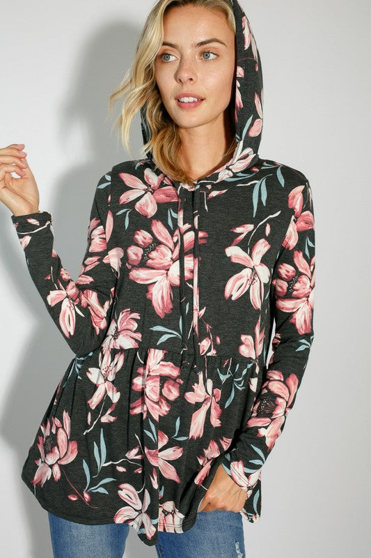 FLORAL JERSEY BABYDOLL WITH HOODIE CASUAL TOP