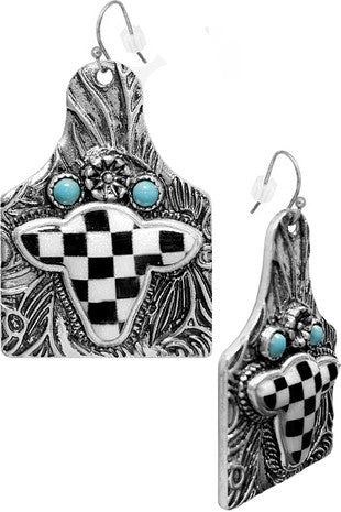 Checkered Cow Cattle Tag Earrings