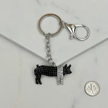 Black Rhinestone Pig Keychain