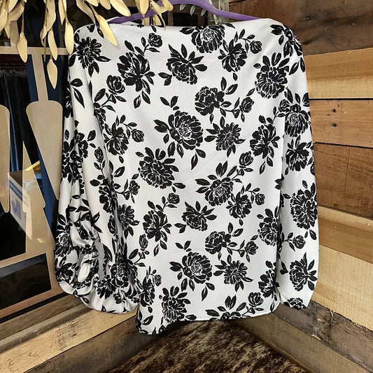 Black and White Floral Boat Neck Top