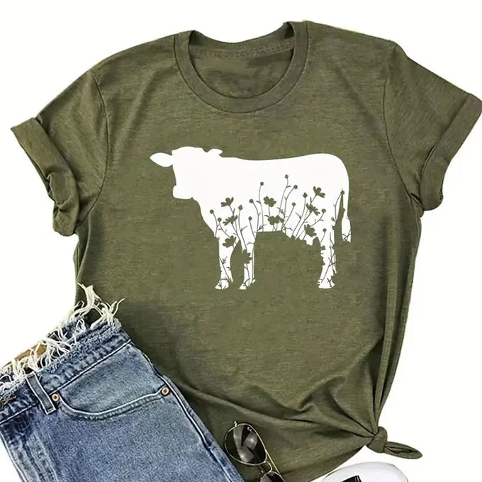 Green Floral Cow T-shirt